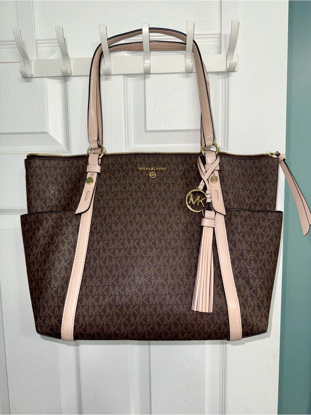 Michael Kors Brown Tote with Light Pink Trim and Tassel Charm